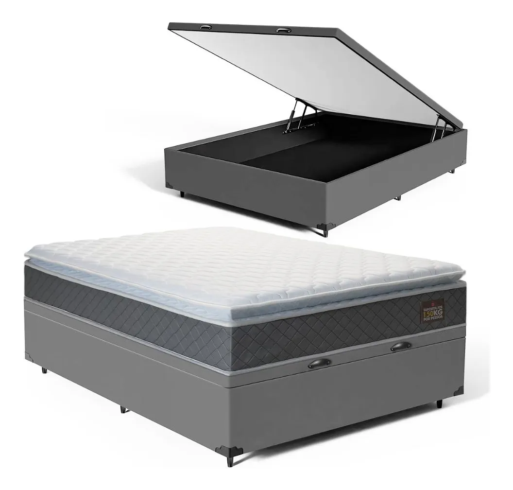 Cama Box Baú Casal + Colchão De Espuma D45 C/ Pillow Top