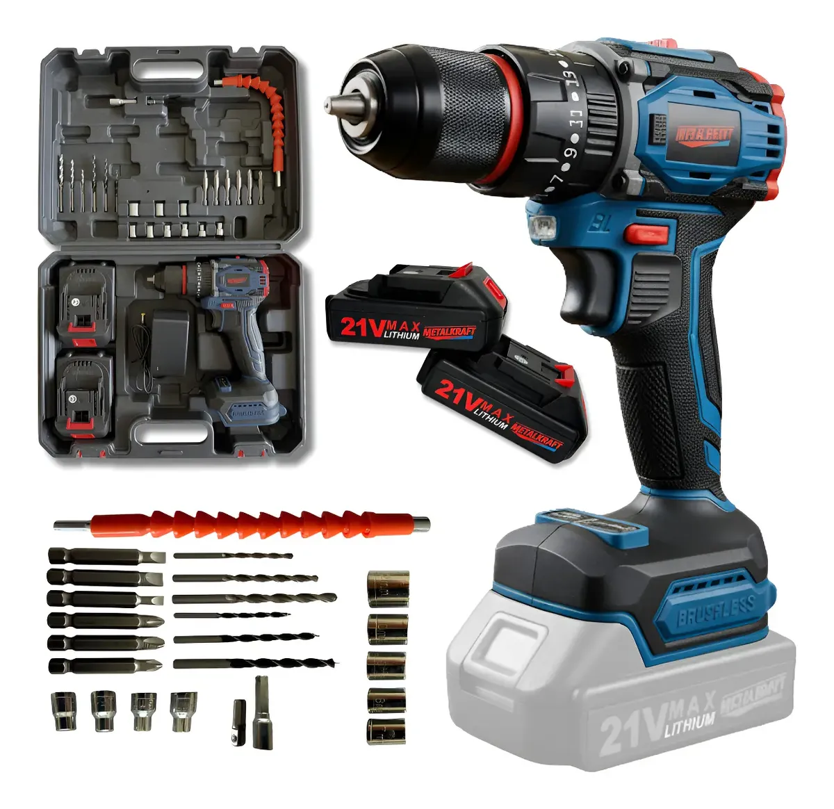 Taladro Inalámbrico Percutor Brushless Metalkraff 21v 50 Nm