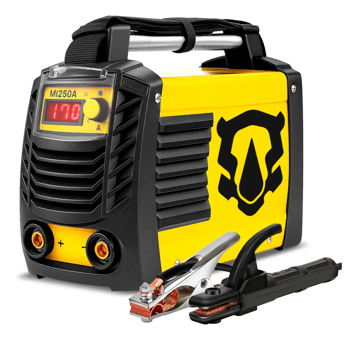 Vista frontal da maquina de solda preta com manopla de solda