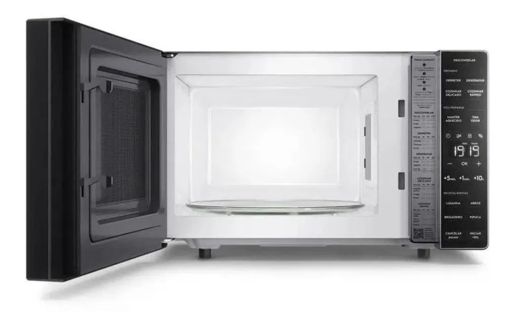 Micro-ondas Electrolux ME23S prata com a porta aberta, mostrando o interior.