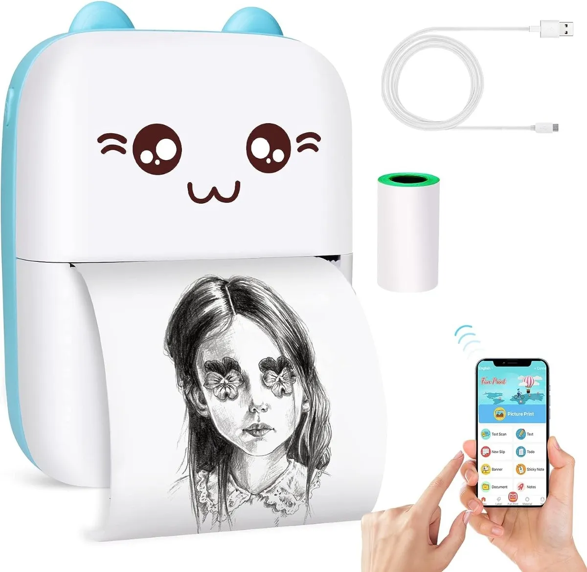 Imagen 1 de 5 de Mini Impresora Térmica Portátil Bluetooth Gatito + 1 Rollo