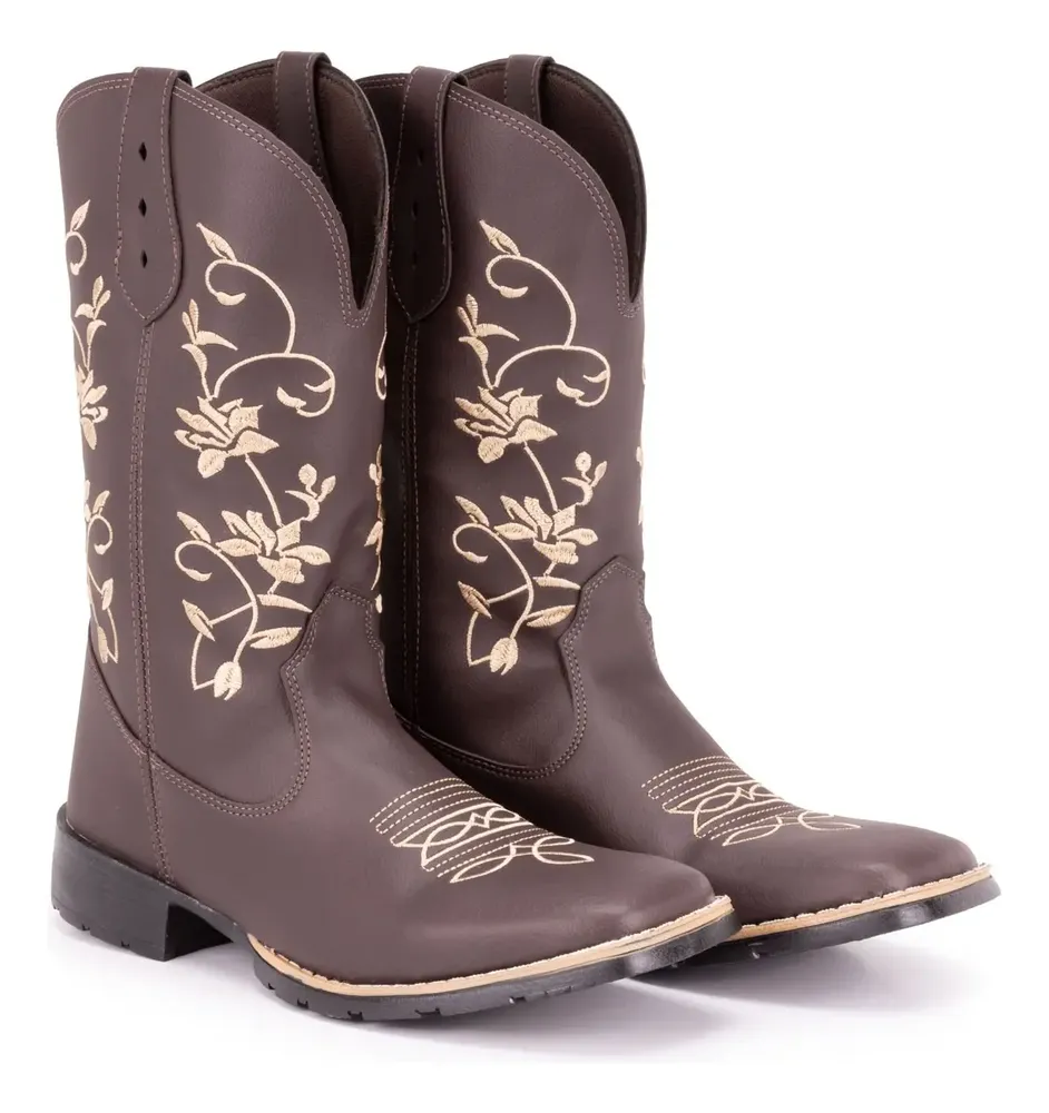 Bota Texana Feminina Bordada Bico Quadrado Cano Médio Ramos