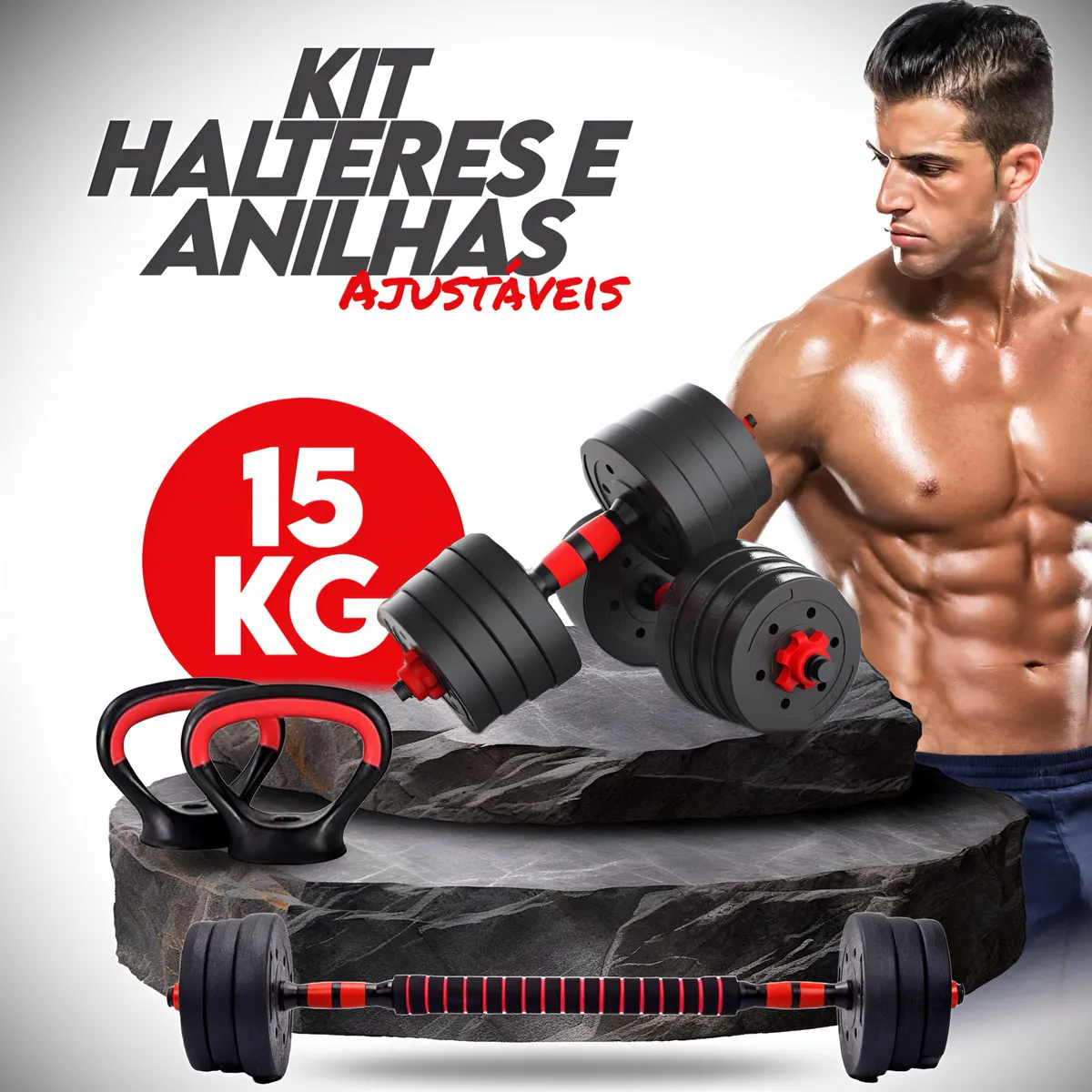 Kit Halteres Barra E Anilhas Musculação Kettlebell Ajustáveis Peso Academia 15kg