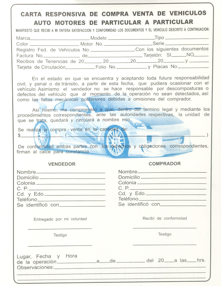 Carta Responsiva Compra Venta Vehiculo Autocopiante 10 Block Meses