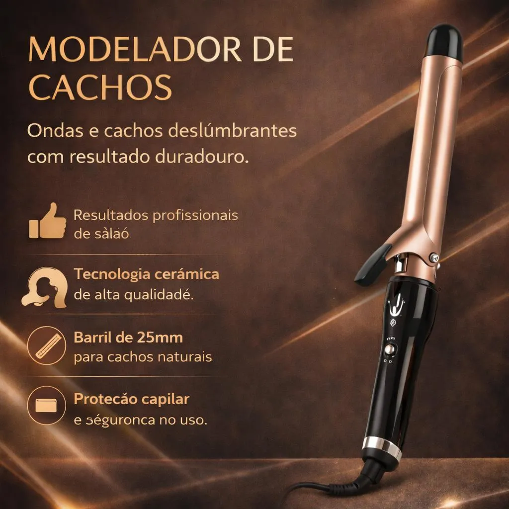 Modelador de cachos rose gold e preto com fundo dourado, listando benefícios como resultados profissionais de salão, tecnologia cerâmica, barril de 25mm e proteção capilar.