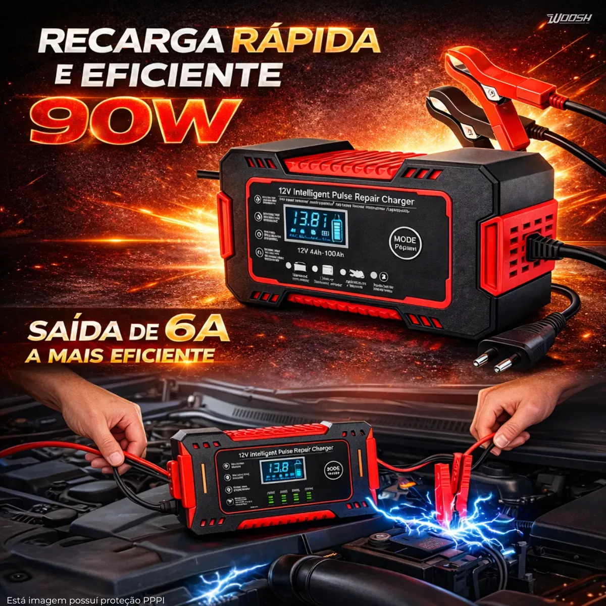 Carregador de bateria Woosh conectado aos polos de uma bateria no cofre do motor, com indicação de saída de 6A e 90W