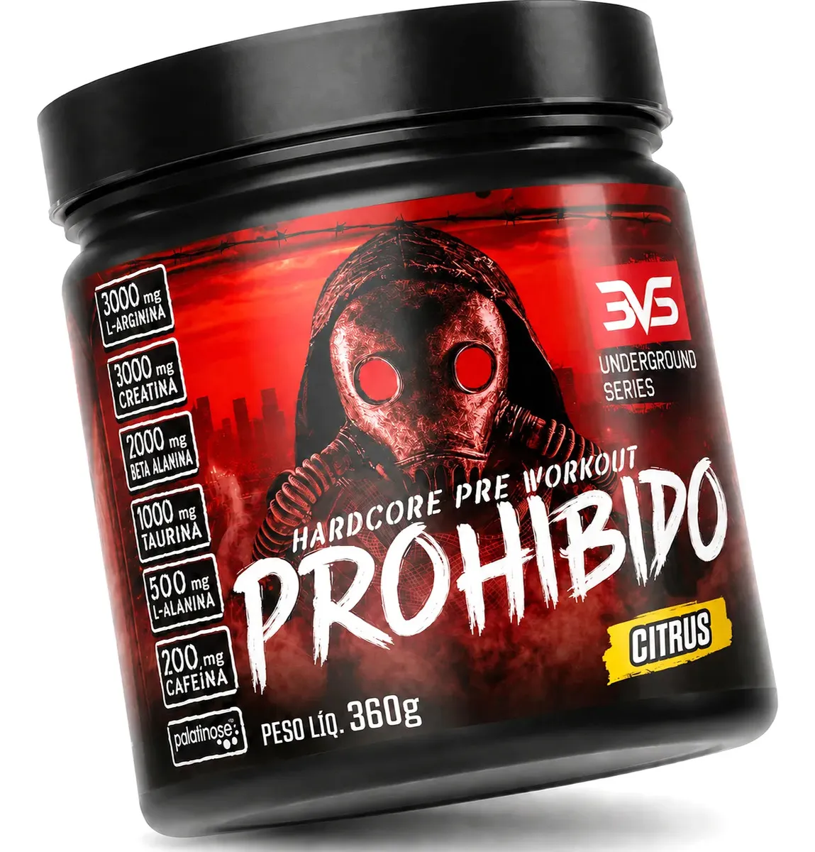 PRÉ TREINO PROHIBIDO 360g Sabor Citrus - Fórmula Exclusiva contendo Creatina, Beta Alanina, Taurina, L-tirosina, L-alanina, Cafeína, Arginina e Palatinose
