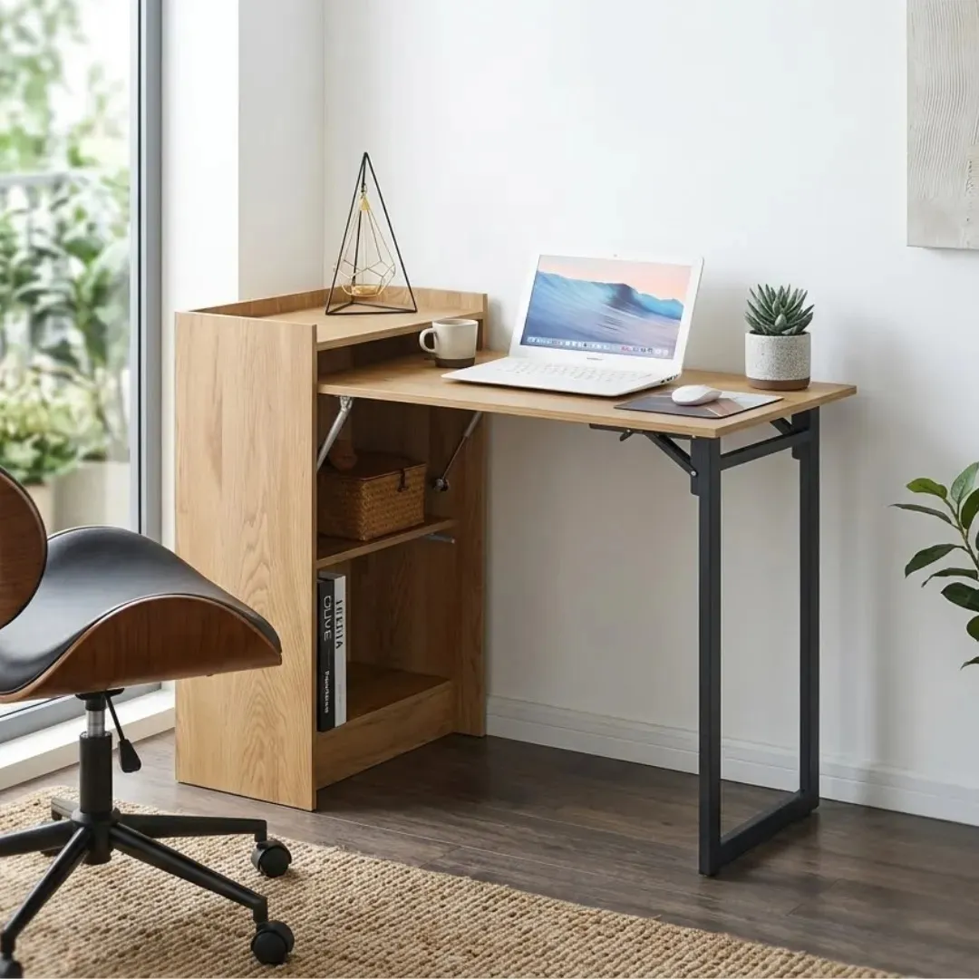 Escritorio Plegable Abatible Jazak Multifuncional Con Estantería Y Puerta Hierro Y Madera Mdf Estilo…