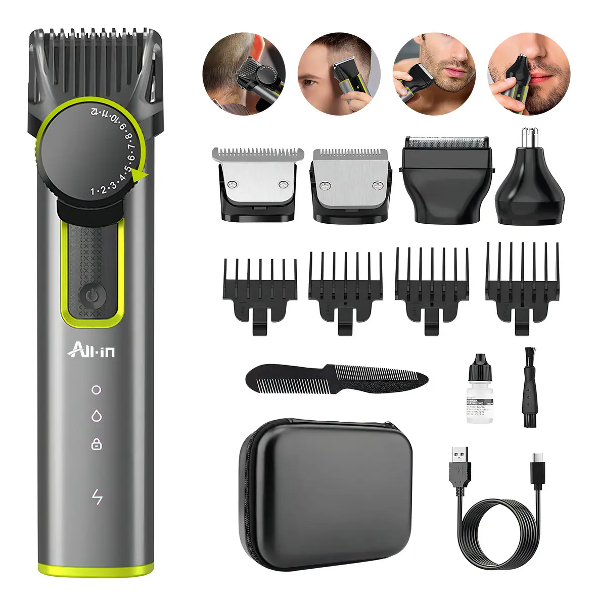 All-in Maquina De Cortar Cabelo Barbeador Eletrico Aparador De Pelos Profissional Barba Nariz Maquina De Barbear Aparelho De Barbear 4 Em 1 Acabamento Homen Presente B-751gy
