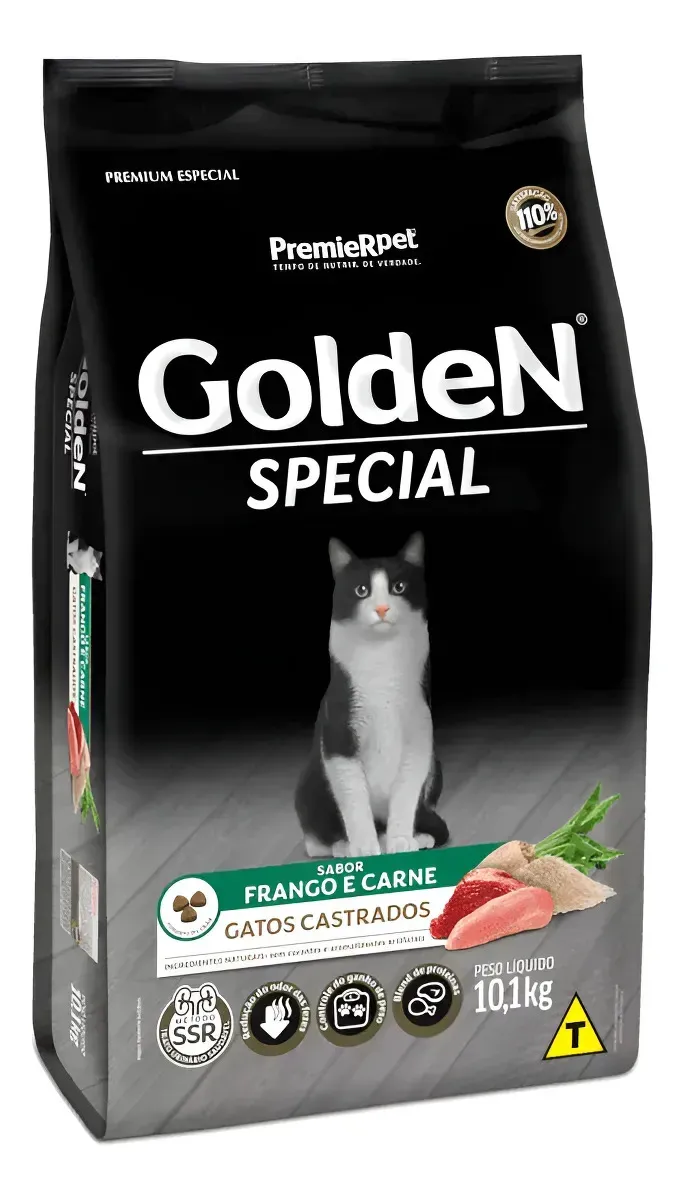 Ração Golden Premium Especial Castrado Carne Frango Gato Adulto 10,1kg