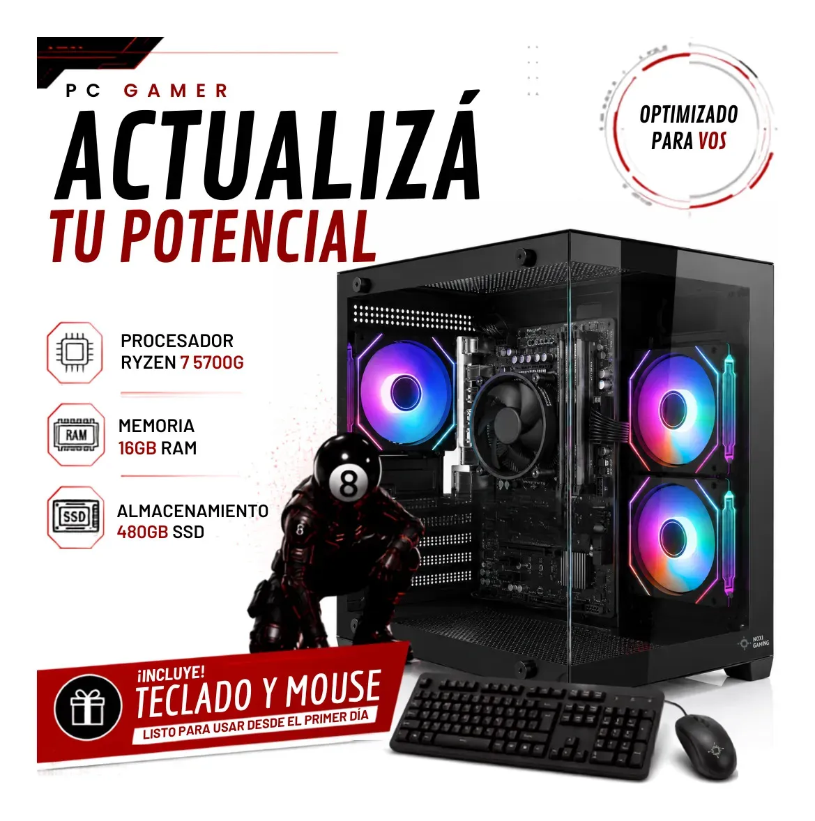 Pc Gamer Amd Ryzen 7 5700g | 16gb Ram | 480gb Ssd | Wifi | Gabinete Argb | Mouse y teclado | Pc Armada Noxi