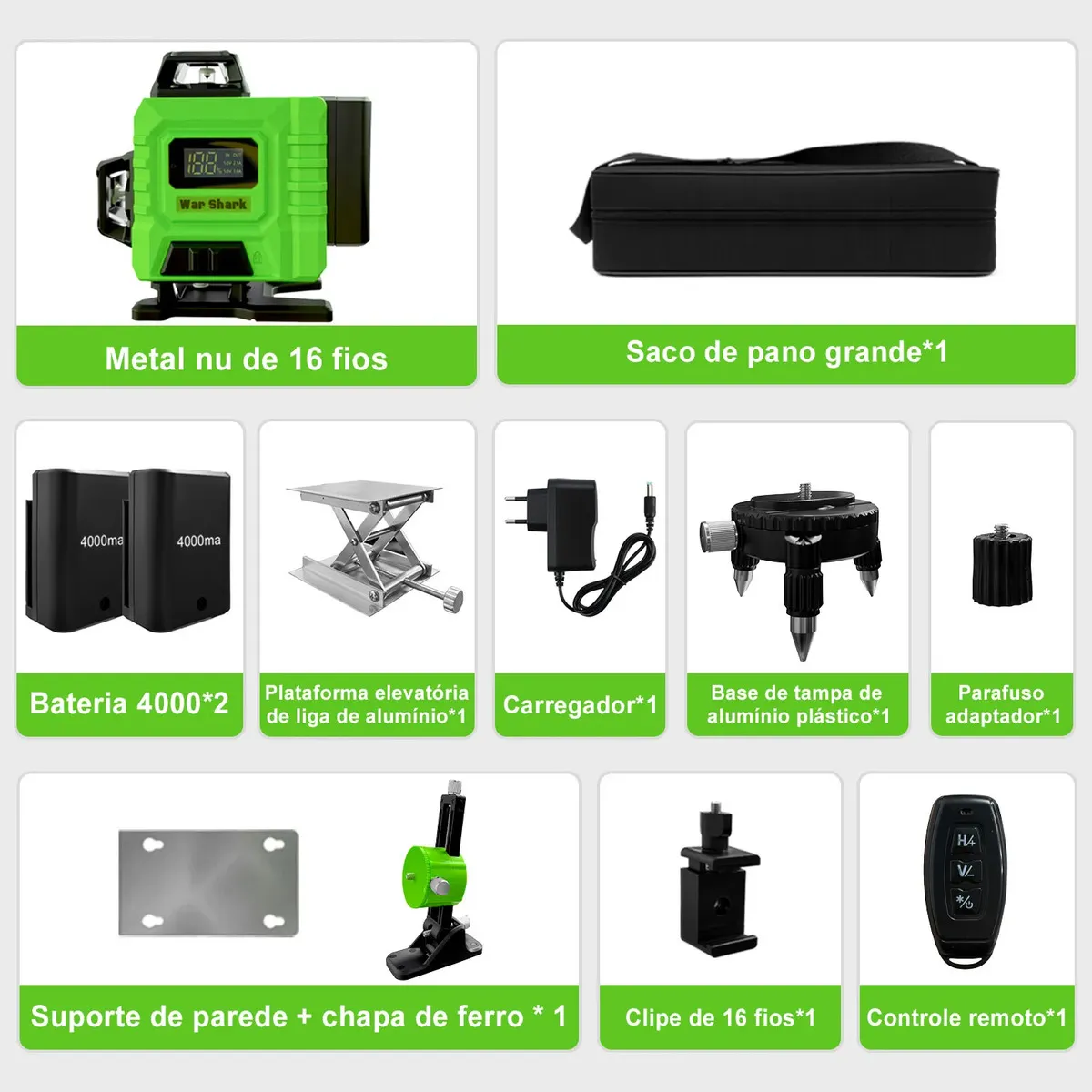 Nível Laser Verde 16 Linhas War Shark 360° Autonivelante com 2 Baterias — foto 7