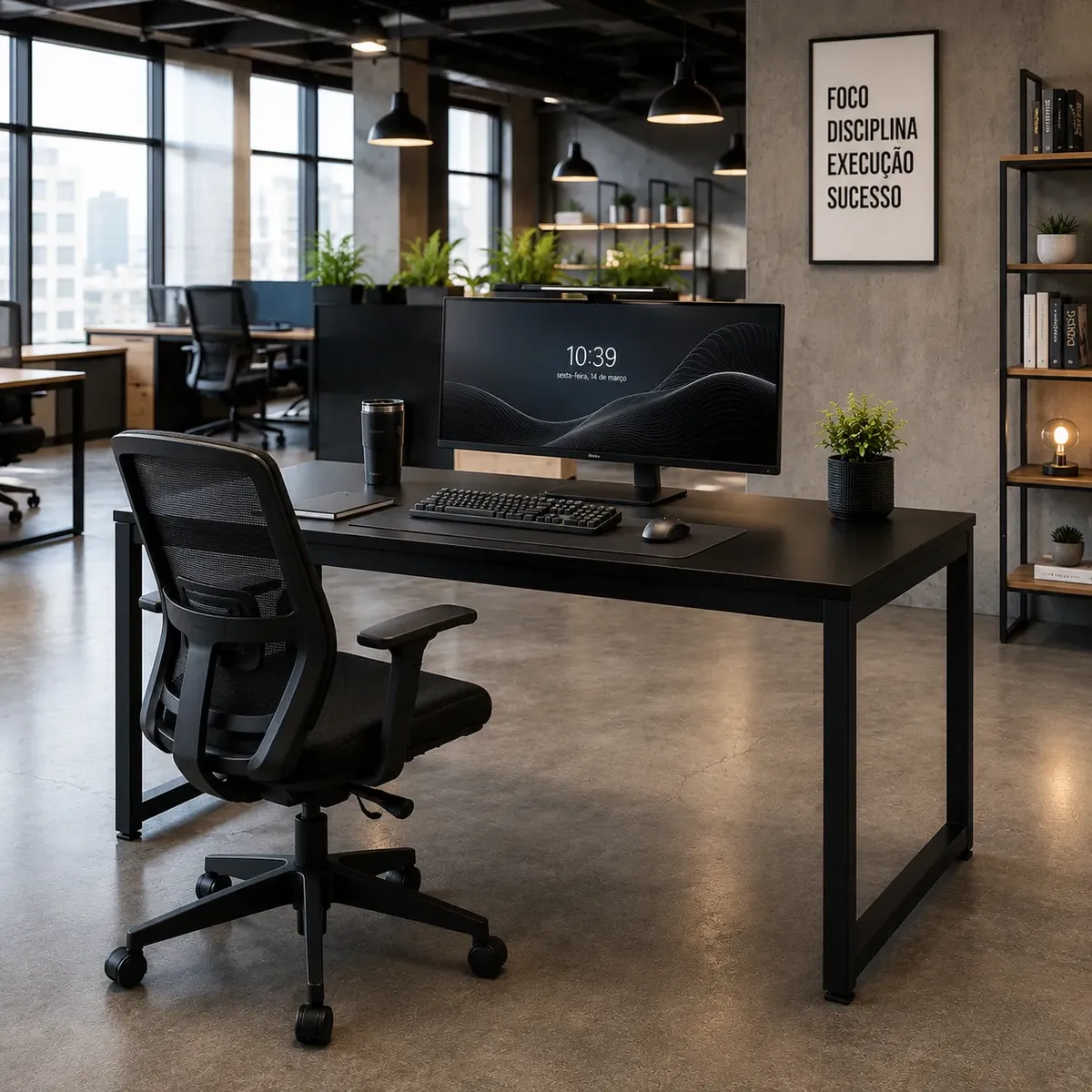 Mesa de trabalho industrial preta com monitor grande, teclado e mouse, em um escritório corporativo moderno com cadeira ergonômica.