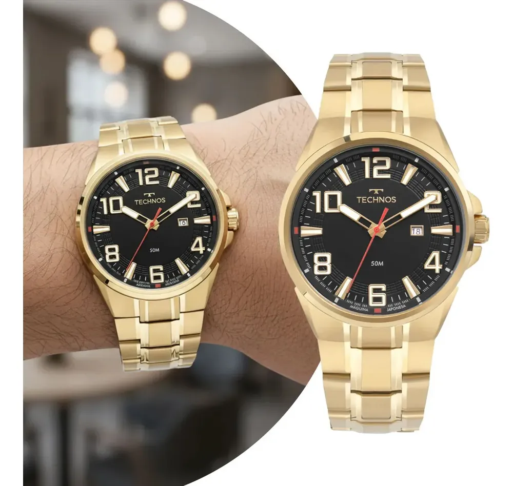 Relógio Technos Masculino Skymaster Dourado e Preto com Caixa e Pulseira de Aço Inoxidável à Prova D` Água Casual e Social 2115TWX/1P