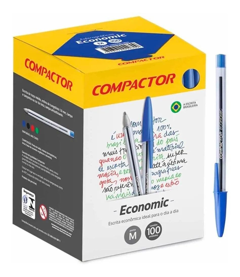 Caixa de 100 Canetas Esferográficas Compactor Economic Azul Cristal