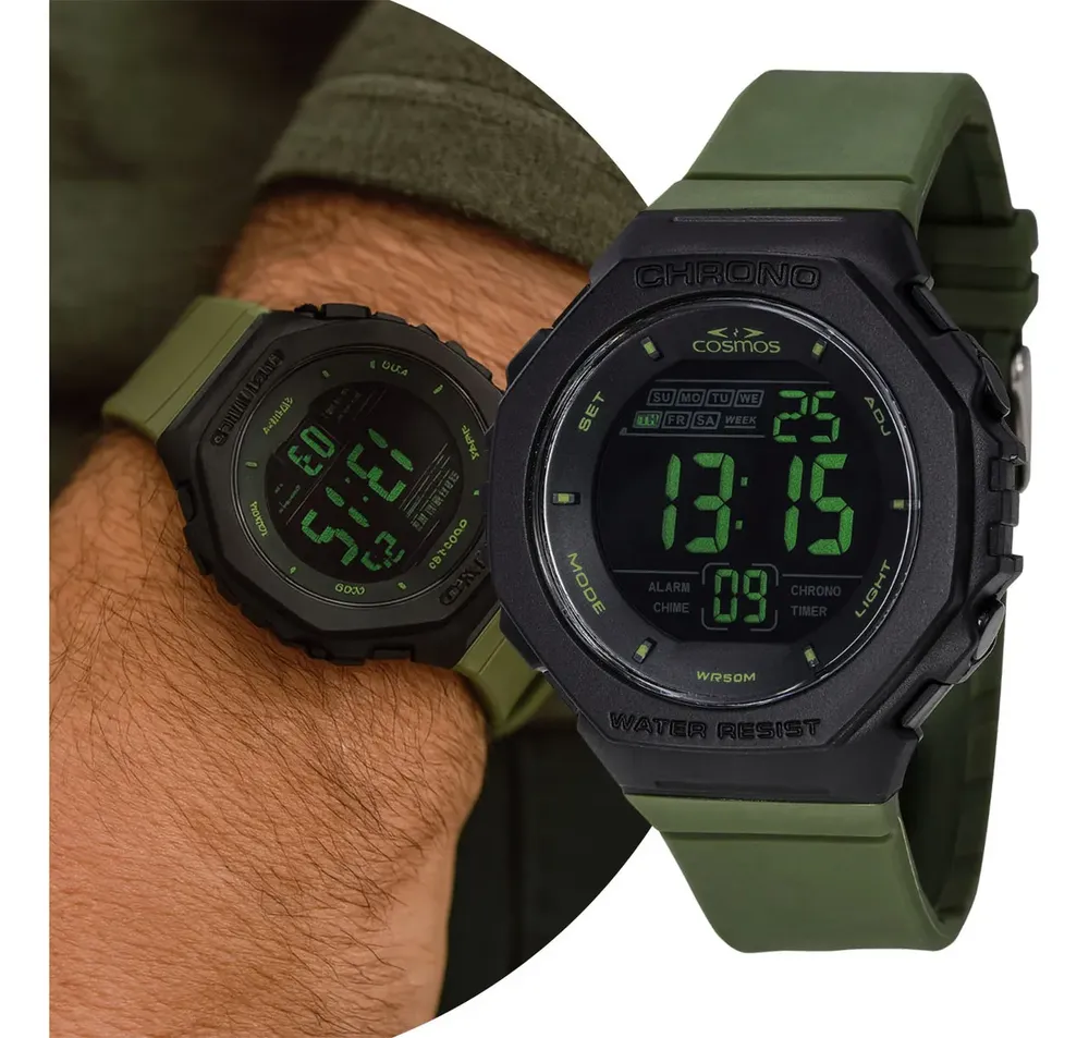 Relógio Masculino Digital Verde Militar Tático Shock Cosmos