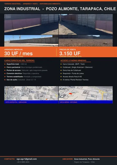 Arriendo / Venta Terreno Industrial 1.500 M2 Pozo Almonte,