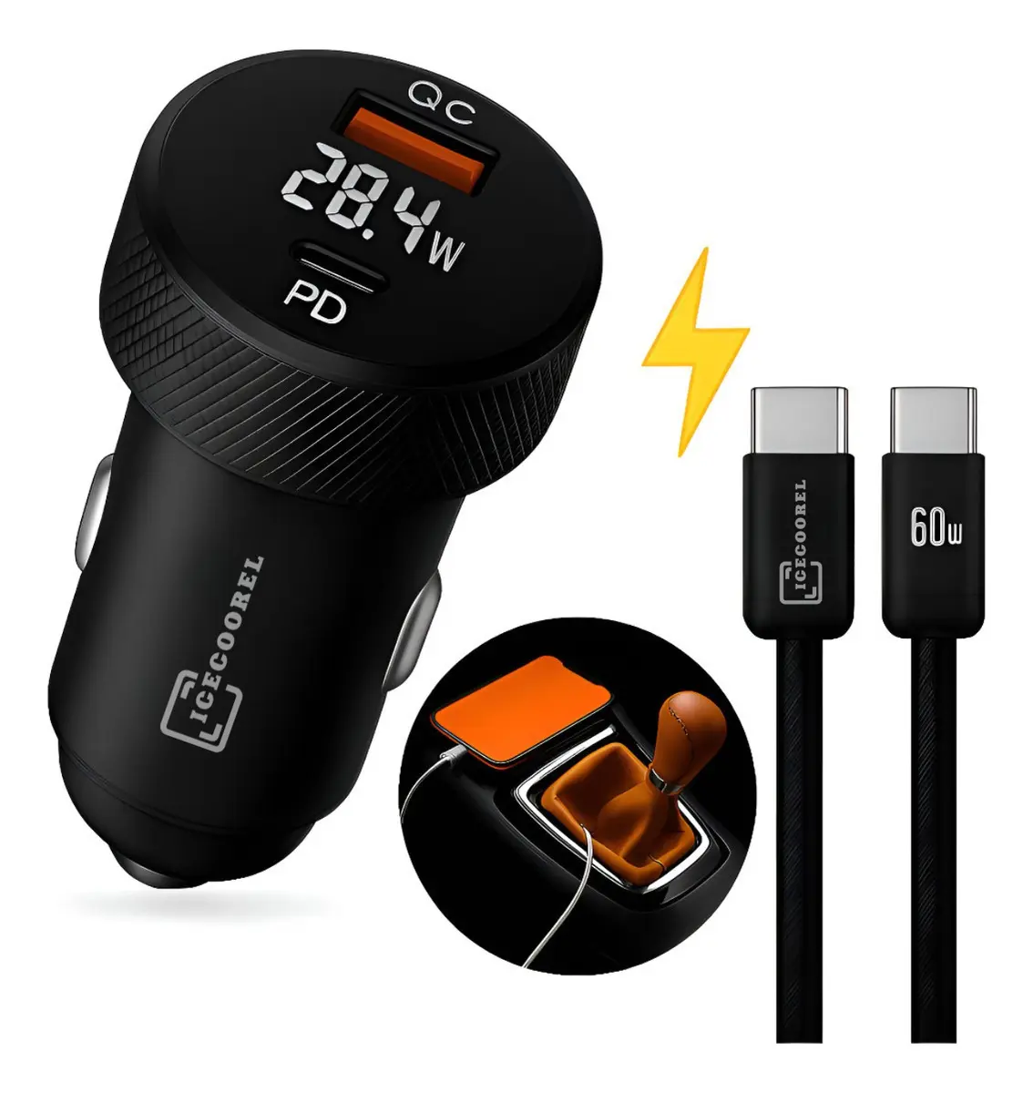 Kit Carregador Veicular Turbo 60W USB-C Ice Coorel