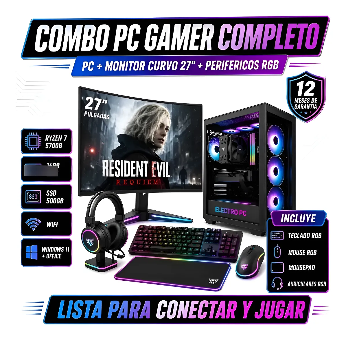 Pc Gamer Ryzen 7 + Monitor Curvo 27 Completa Con Combo Gamer