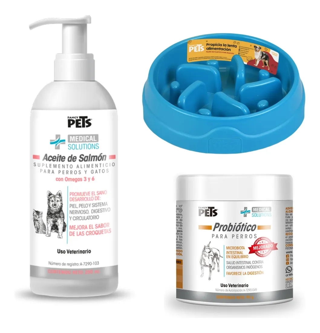 Kit Nutrición Perro Probiotico + Aceite De Salmon + plato