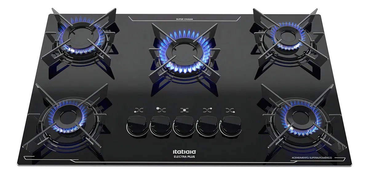 Cooktop preto com 5 bocas em vidro