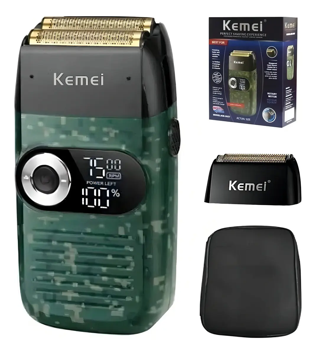 Barbeador Elétrico Kemei KM-2027 Verde Escuro Flexível USB Sem Fio 3 Cabeças