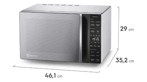 Micro-ondas Electrolux ME23S prata com dimensões indicadas (46,1 cm x 29 cm x 35,2 cm).