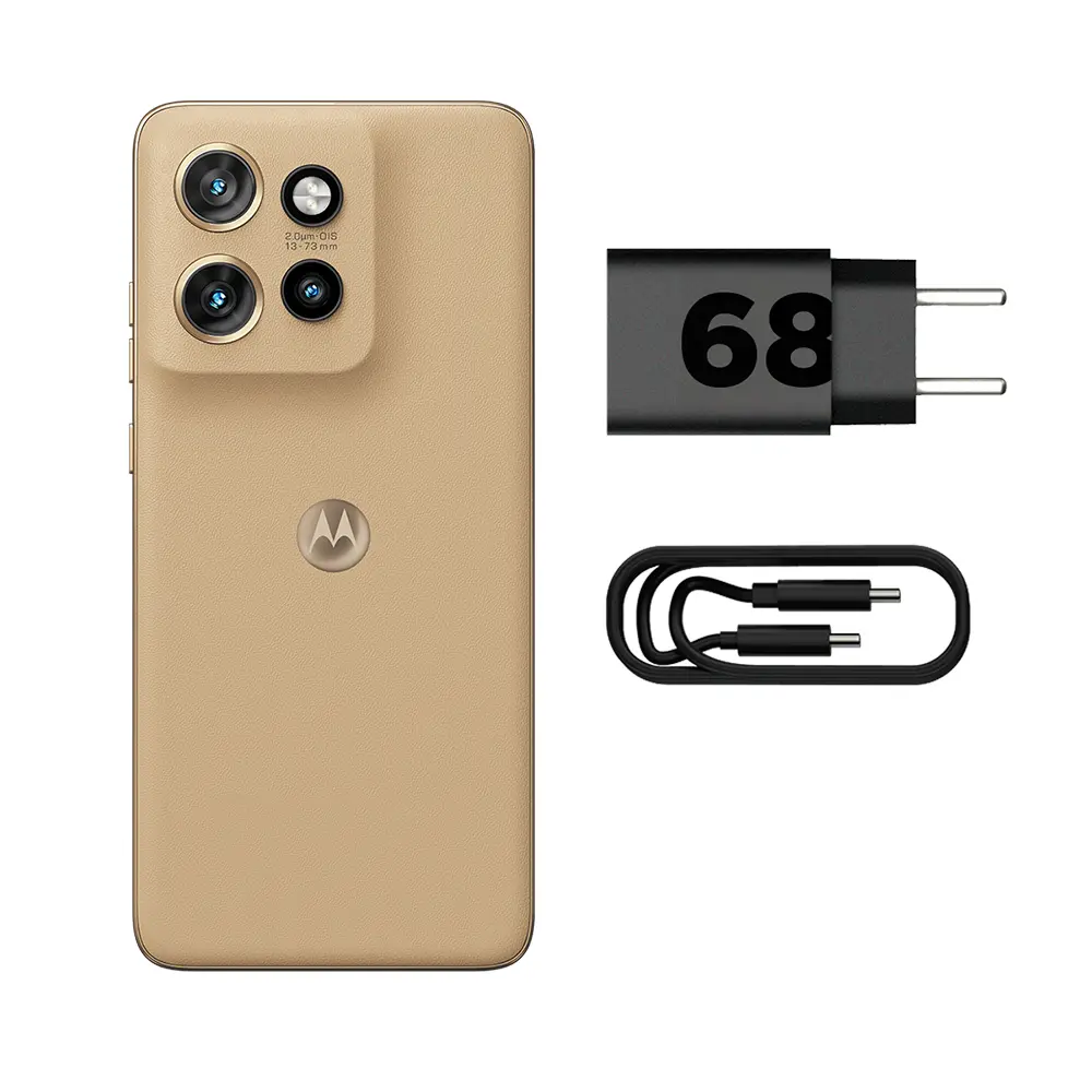 Componentes do Smartphone Motorola Edge 60 Neo: celular na cor Latte, carregador rápido de 68W e cabo USB.