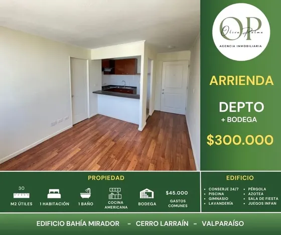 Se Arrienda Depto 1h1b+b, Bahía Mirador, C° Larraín, Valpo