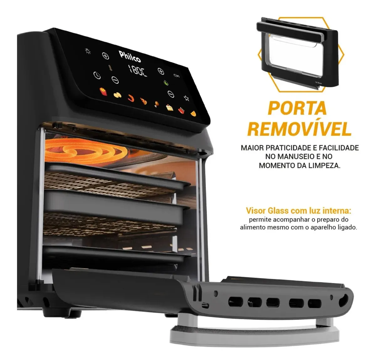 Demonstração da porta removível da Air Fryer Philco 16L para facilitar limpeza