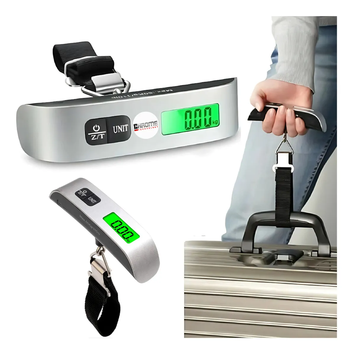 Balança Para Malas Viagem Digital Portátil Até 50kg Mão Trava Mala Bagagem Prateado Moderna Pratica Chrome Technology