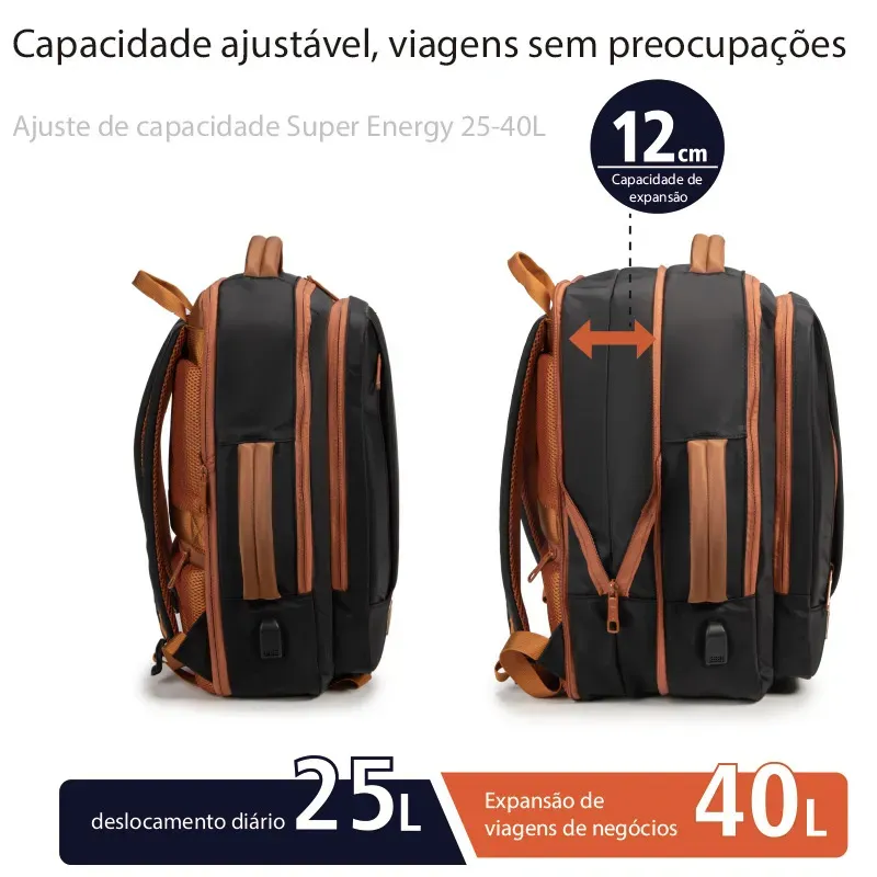 Mochila, impermeável, reforçada, com capacidade para laptop, ampliação de 25 a 40 L, adequada para homens e mulheres, ideal para viagens e deslocamentos diários, com porta USB (preto)