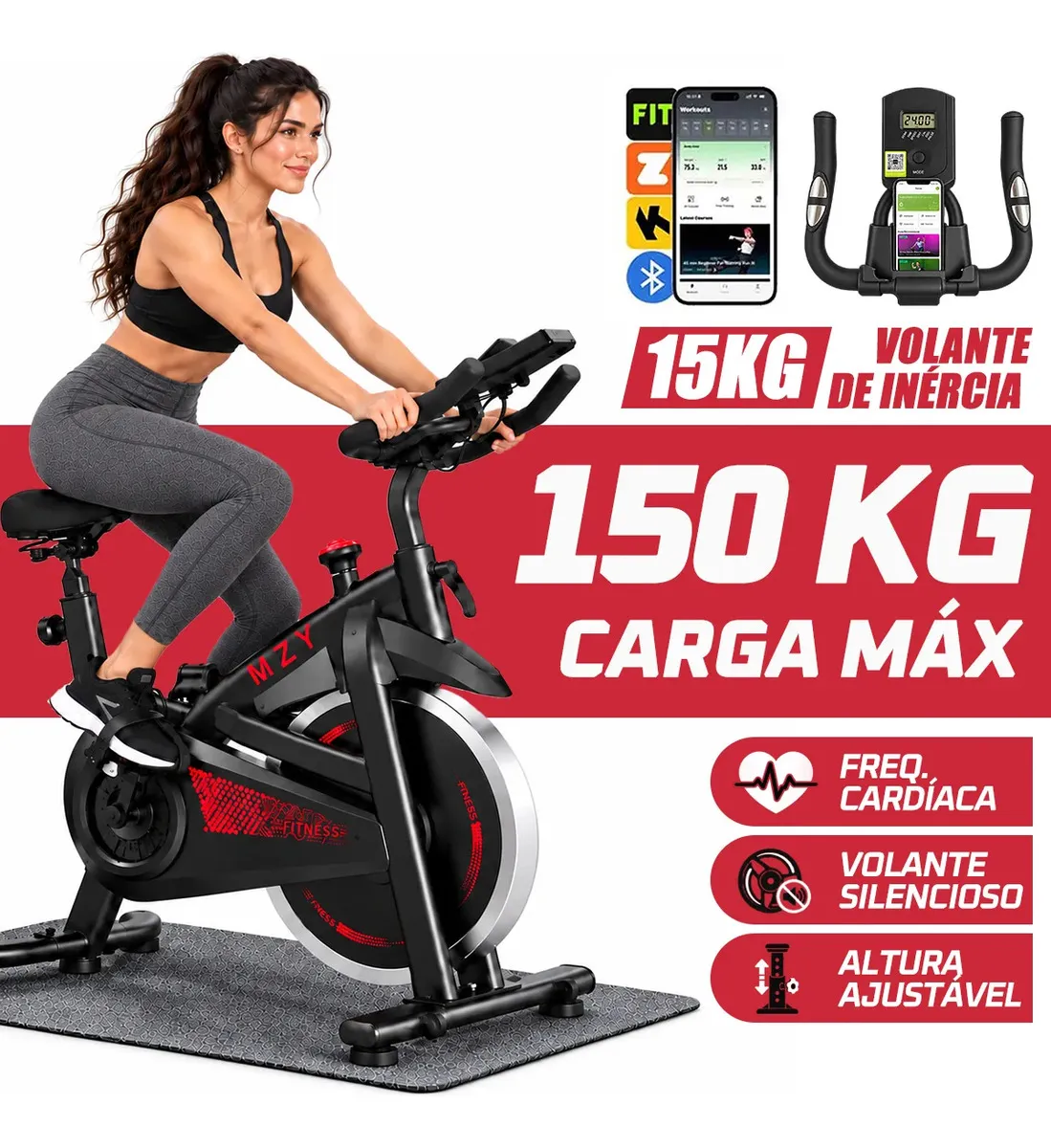 Bicicleta Ergométrica de Spinning MZY 680 15 kg com Bluetooth