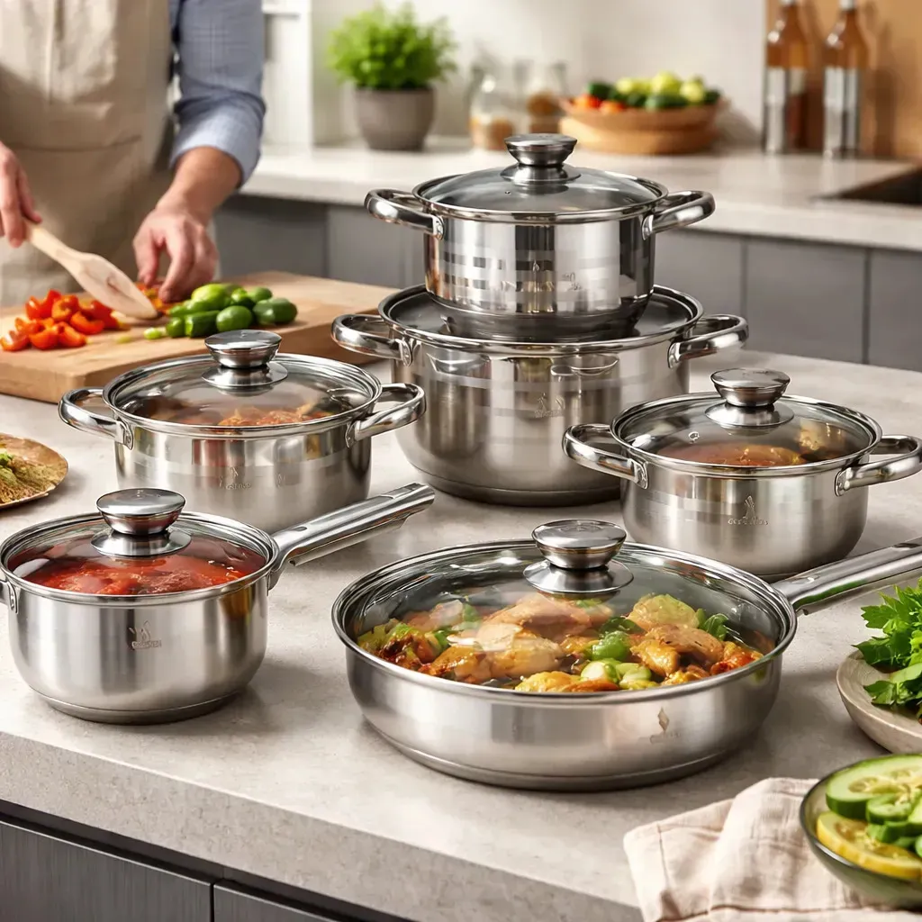 Jogo De Panelas Galya 12 Peças Aço Inoxidável Compatível Indução Gás Fundo Triplo Com Tampa