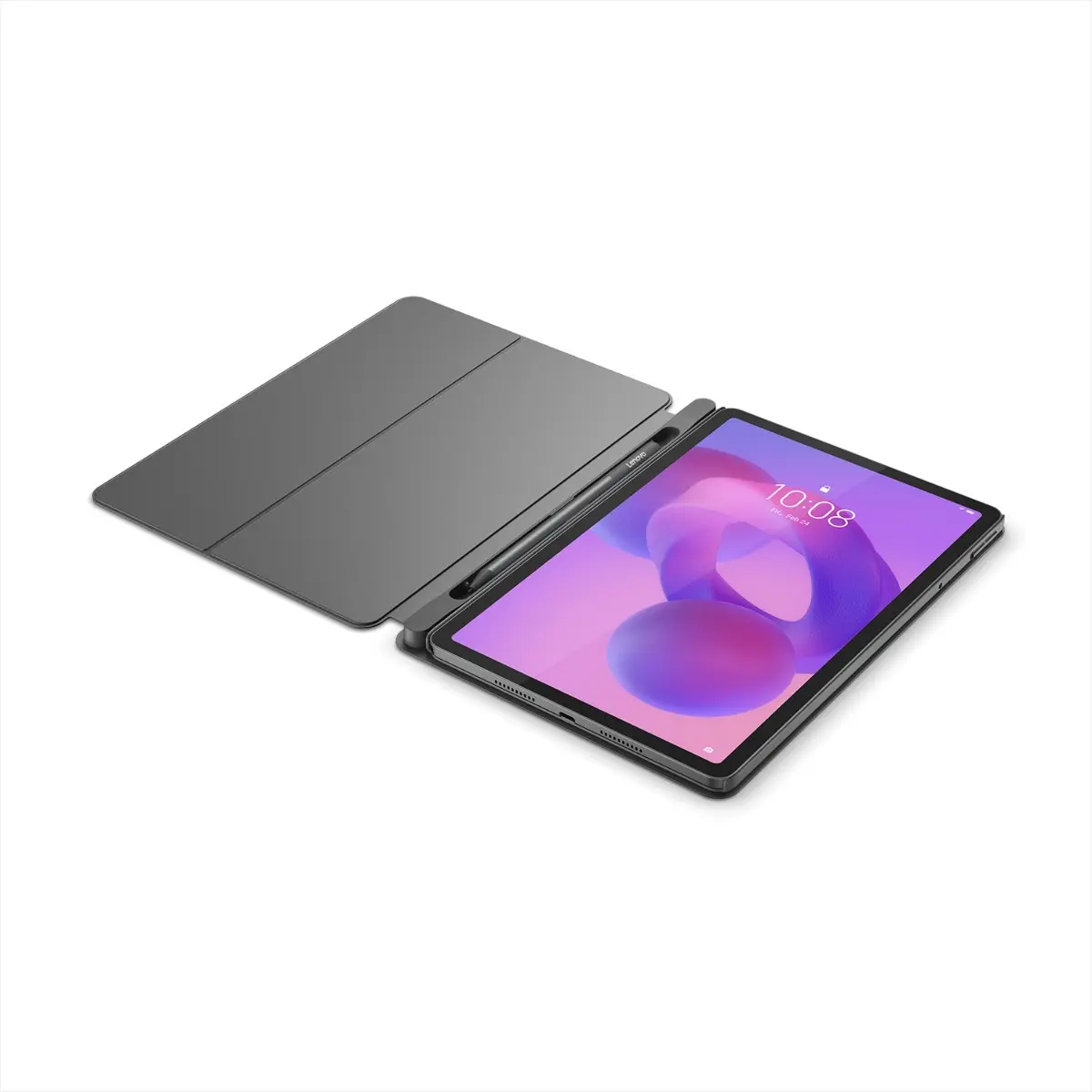 Tablet deitado com a capa aberta revelando o slot para caneta e botões físicos