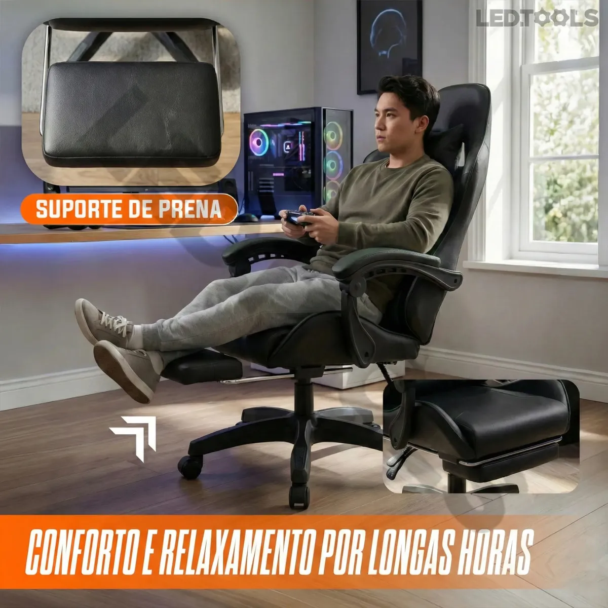 Cadeira Gamer Ergonômica Preta Reclinável Com Apoio Dos Pés Led Tools Couro Sintético Preto