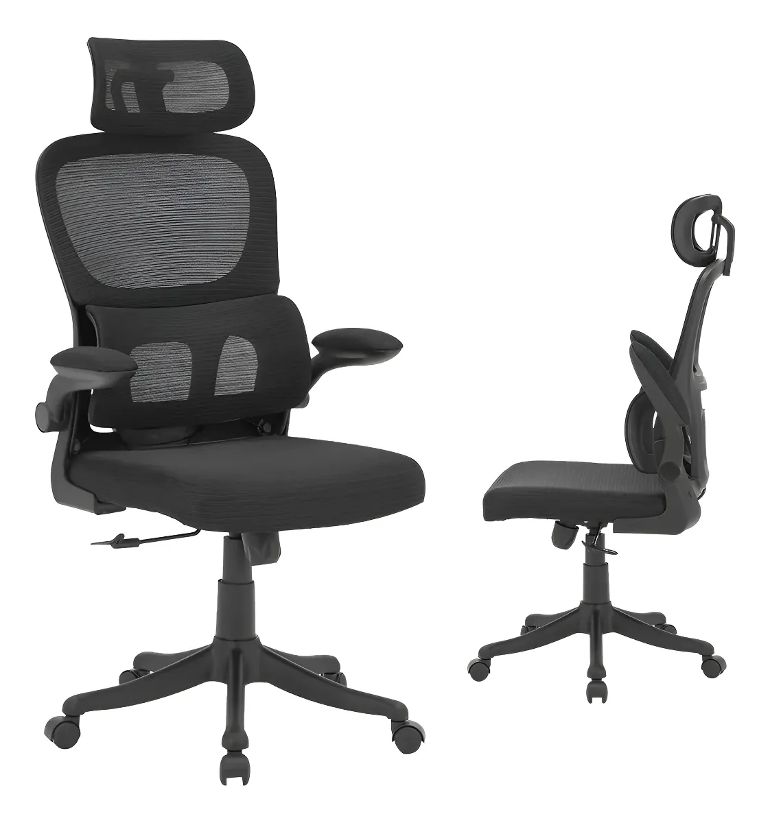 Cadeira de Escritório Ergonômica Com Apoio Lombar e Apoio de Cabeça preta com estofado de mesh