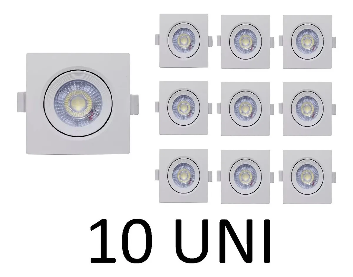 Kit 10 Spot LED LUZ SOLLAR 7W Quadrado Direcionável Embutir Gesso Branco Frio