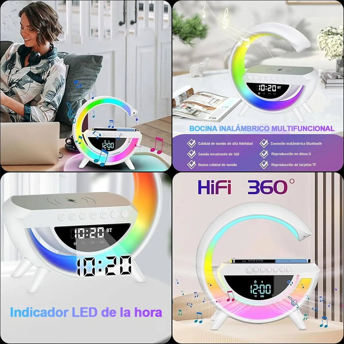 Bocina Bluetooth Con Rgb Luces Y Cargador Inalámbrico