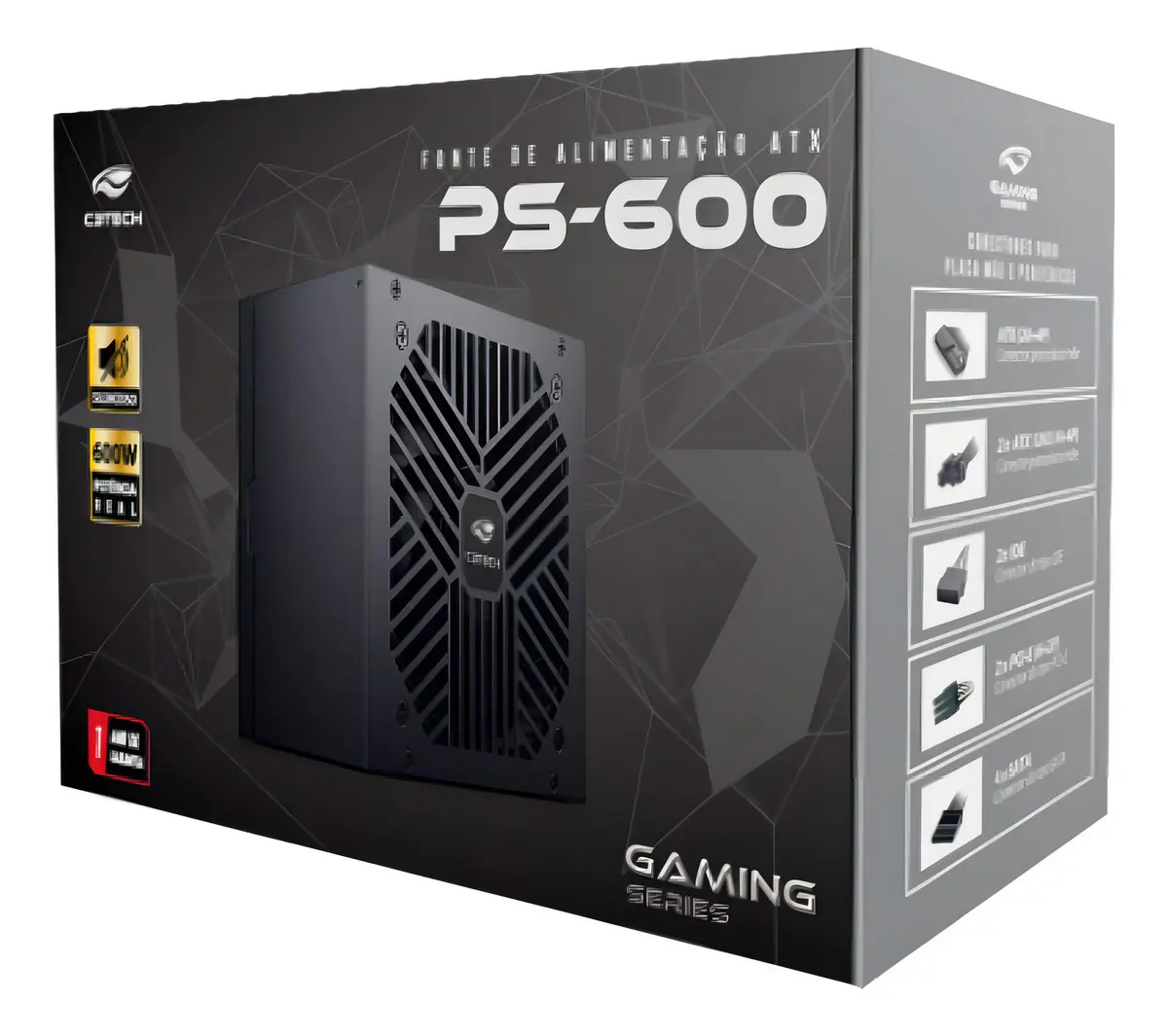 Fonte Atx 600w Ps-600bk 80 Plus Bivolt Silenciosa Proteção C3tech Preto