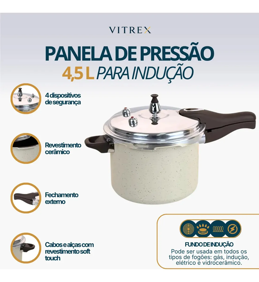 Panela De Pressão Indução 4,5L Revestimento Ceramico Antiaderente Com 4 Valvulas De Segurança Fechamento Externo, Cabos Soft Touch Vitrex Creme Granito