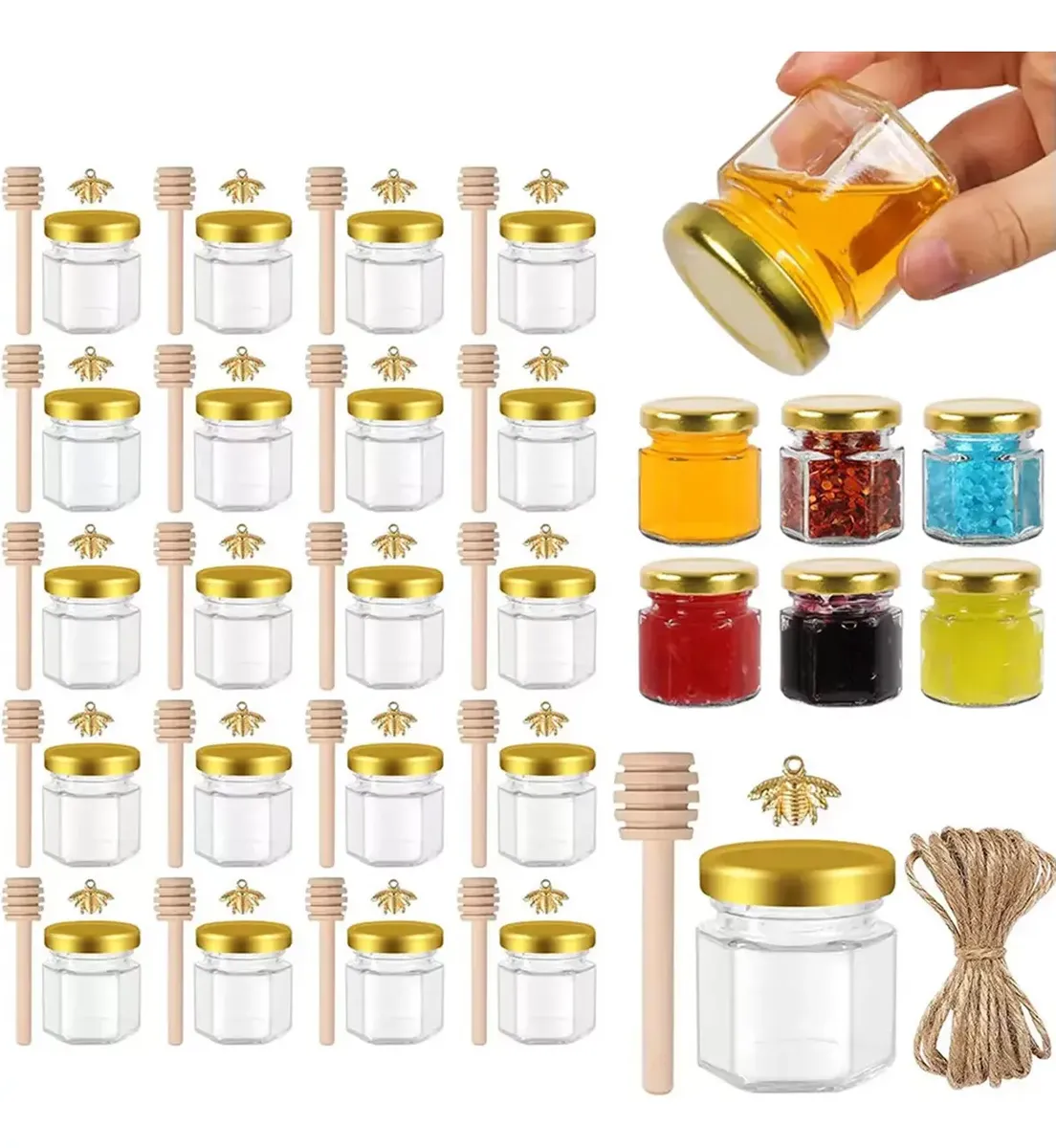 Frasco De Vidrio Mini Miel Hexagonal 45 Ml Con Tapa 20pzs