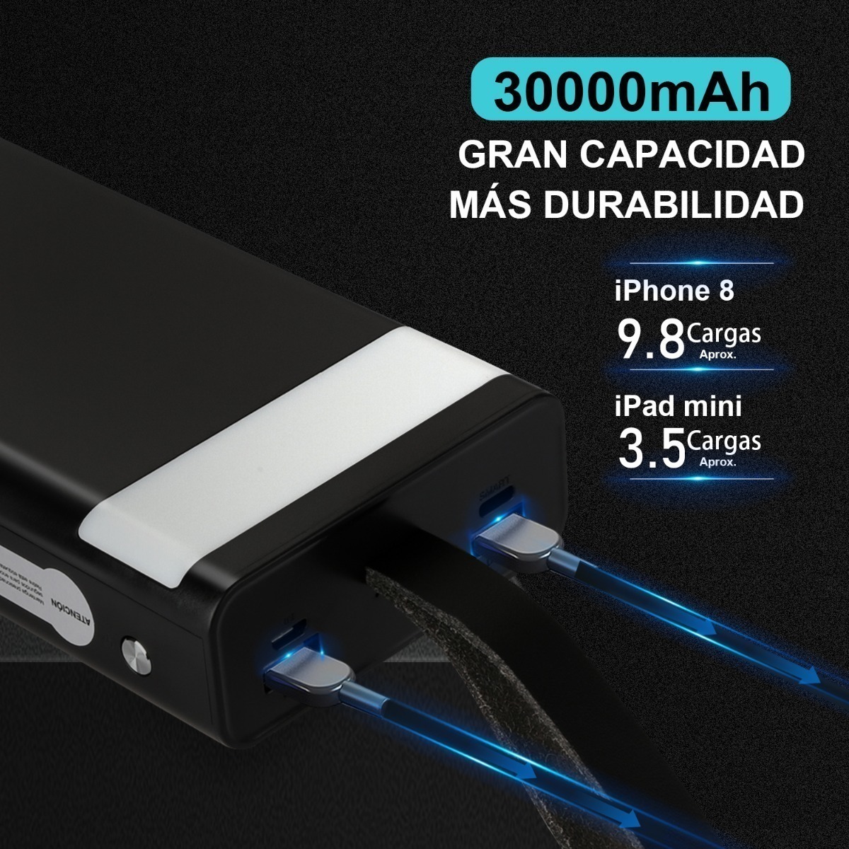 Power Bank Portatil 30000mah Dual Puerto Con Linterna 1hora | Mercado Libre
