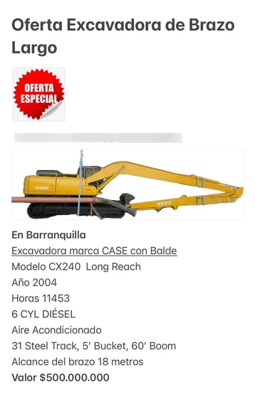 Excavadora Case Brazo Largo Con Balde Con 11400 Horas Operat