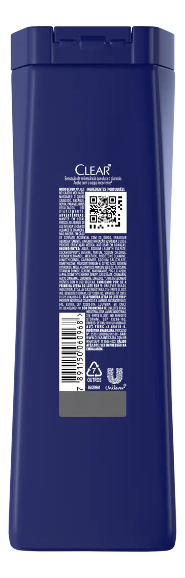 Verso do frasco do shampoo Clear Men exibindo informações de uso, ingredientes e código de barras
