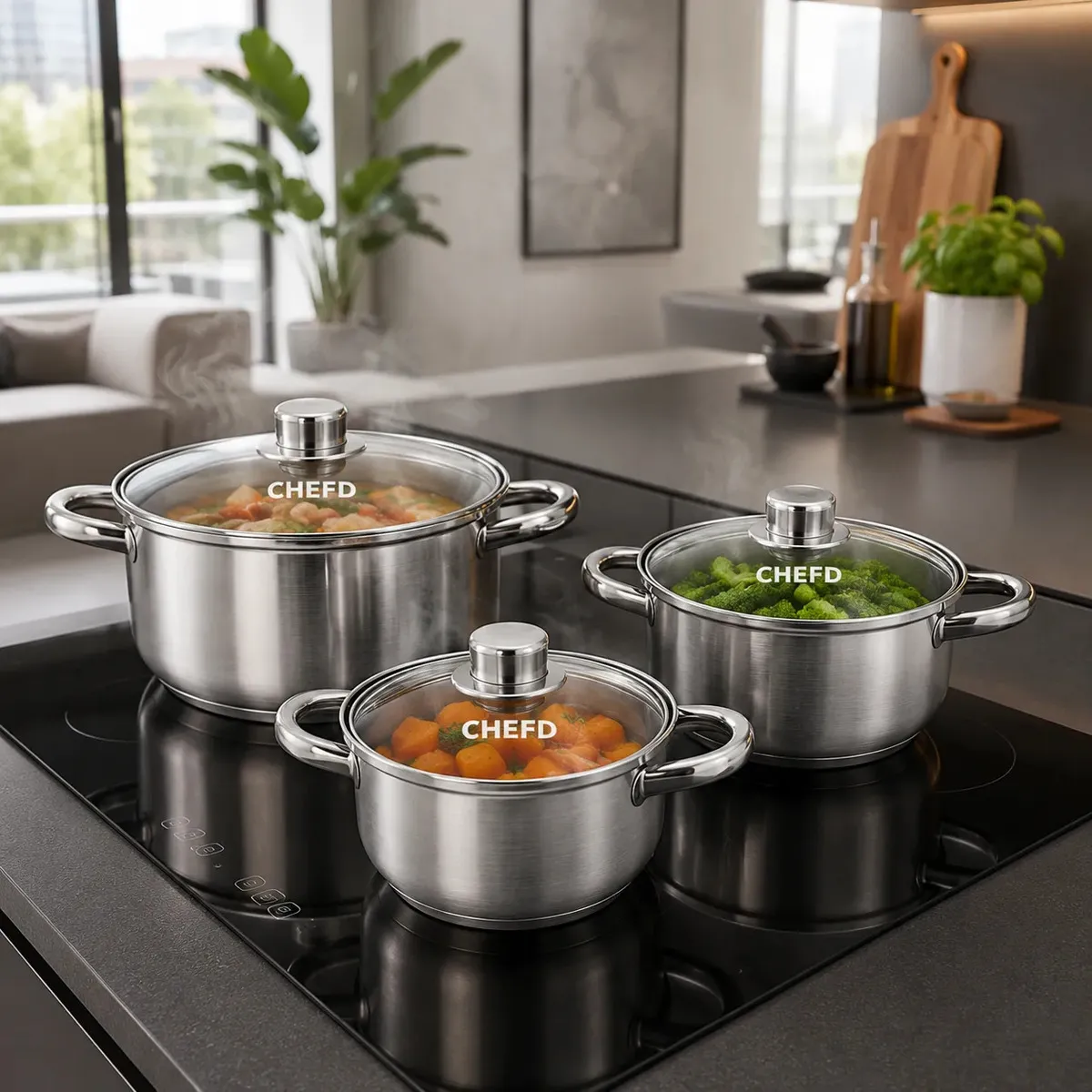 Jogo de Panelas Chef D Aço Inox 6 Peças 3 Caçarolas 3 Tampas de Vidro Fundo Triplo
