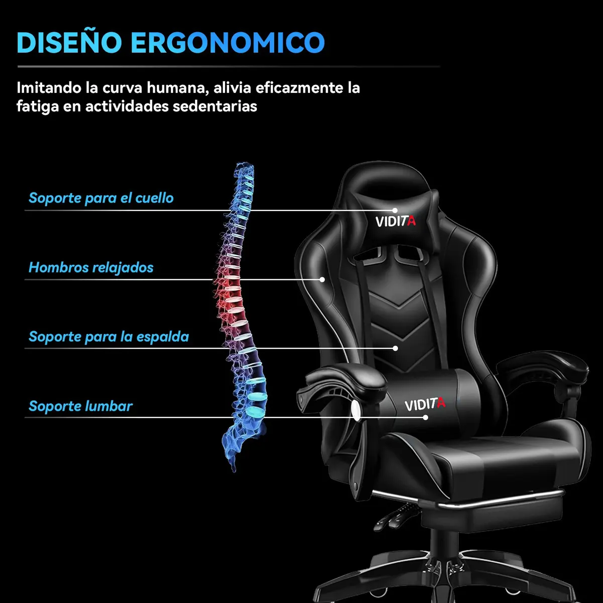 Silla Gamer Vidita Gx2000 Ergonómica Presidencial Reclinable Negra Con Reposapiés Videojuego Pc Profesional Negro Cuero Sintético