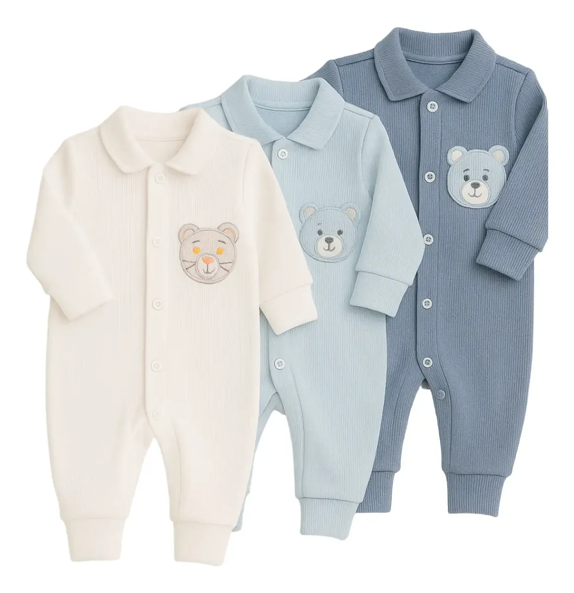 Kit 3 Macacão Para Bebê Canelado Bordado Menina Menino P - G