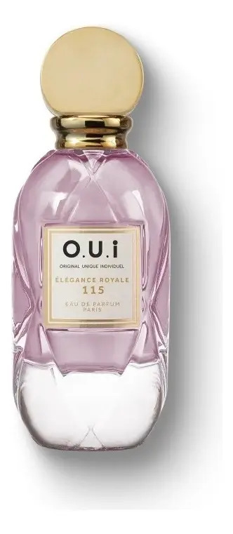Frasco de vidro transparente do perfume O.U.I Élegance Royale 115 com líquido rosado, rótulo centralizado e tampa dourada sobre fundo branco