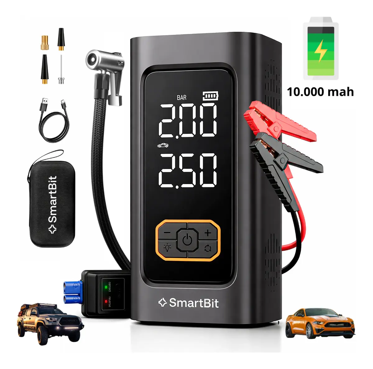 Cargador Arrancador De Bateria Auto Smartbit Maxcharge 4 en 1 Portatil Compresor de Aire 150 Psi Power Bank 10000 mah 1500 amperes Linterna Camioneta Pick UP